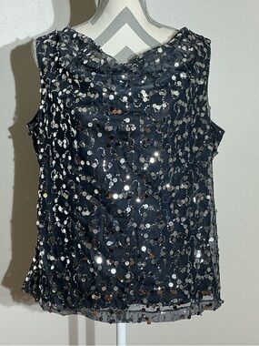 Preston & York Large Deep Navy Sequin Cowl Neck Sleeveless Top
